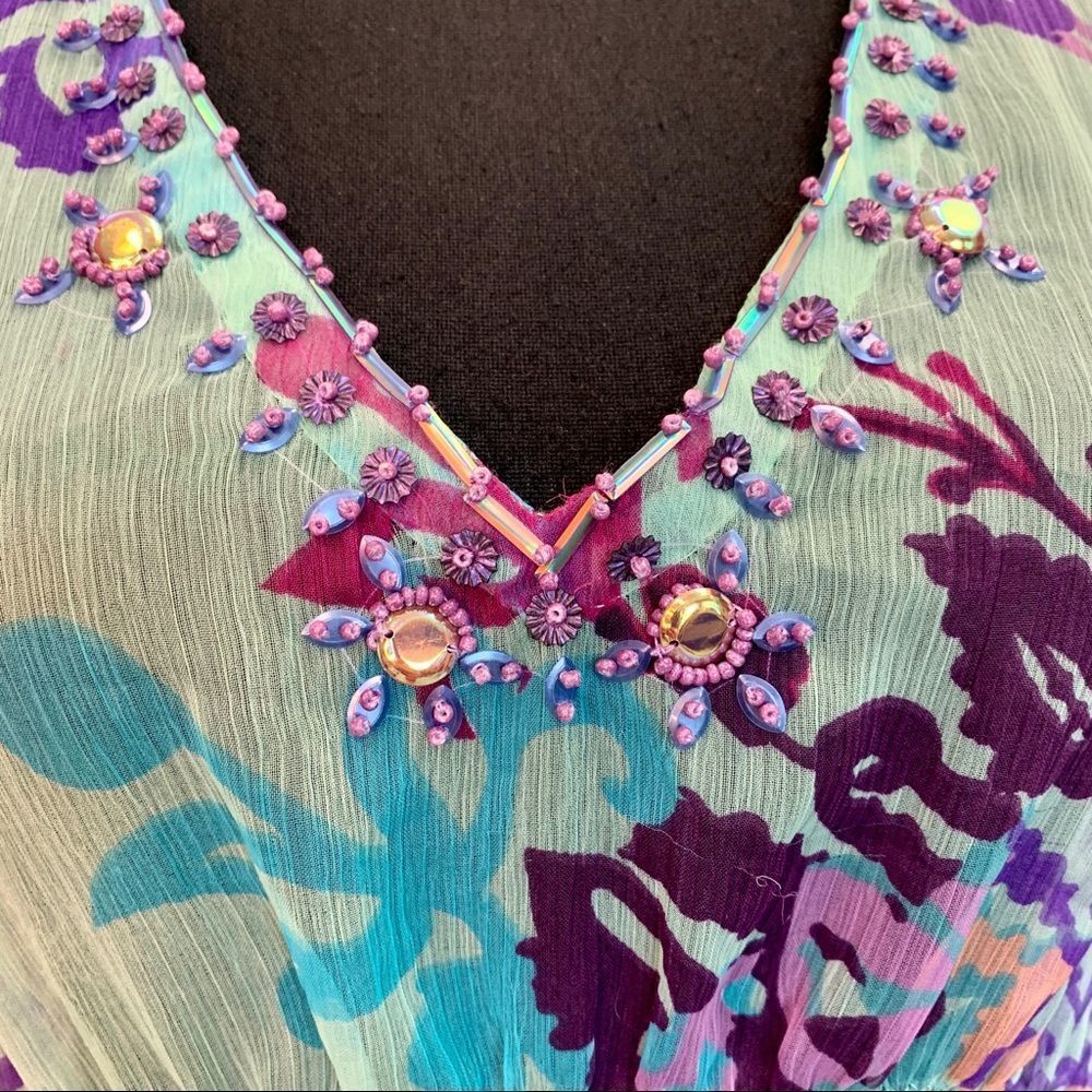 𝅺Tropical chiffon sheer teal blue purple floral beach cover-up blouse sequin SzM - Picture 3 of 10
